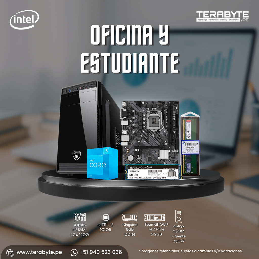 PC Oficina y Estudiante Intel Core i3-10105 Asrock H510M RAM 8GB SSD M.2 512GB Fuente 350W