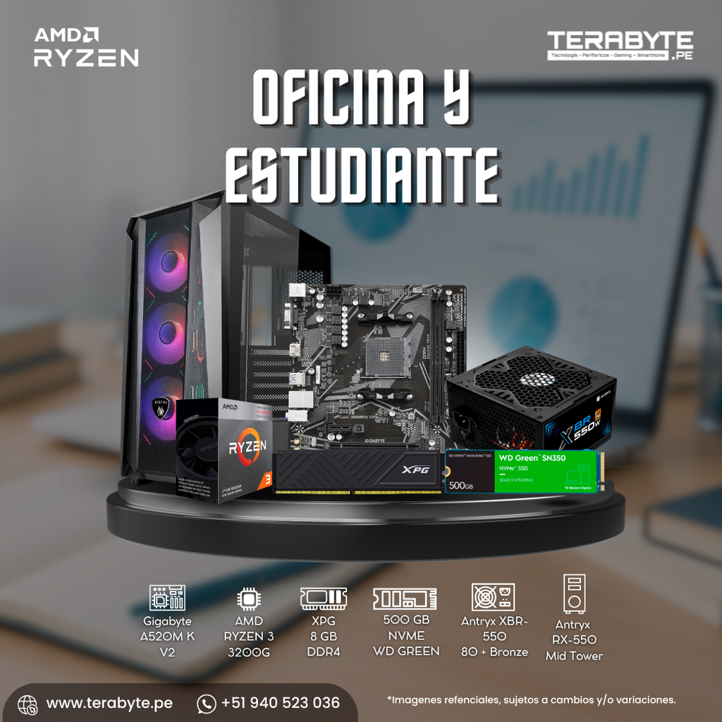 PC Oficina y Estudiante AMD Ryzen 3 3200G Gigabyte A520M RAM 8GB SSD M.2 500GB Fuente 550W 80+ Bronze
