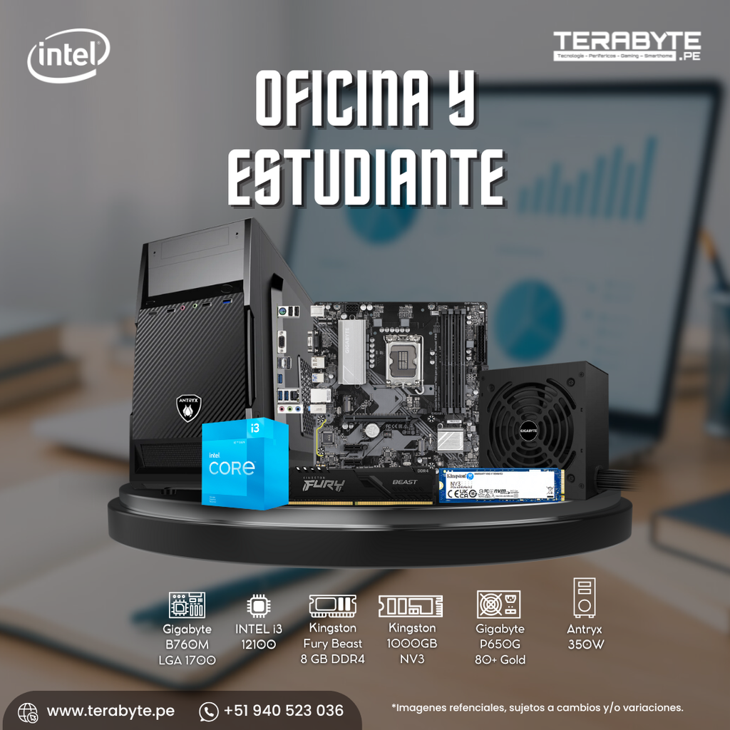 PC Oficina y Estudiante Intel Core i3-12100 Gigabyte B760M RAM 16GB SSD M.2 1TB Fuente 650W 80+ Gold