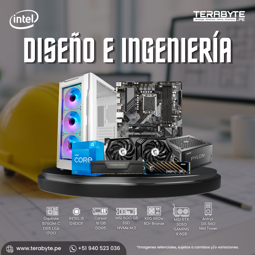 PC Diseño e Ingeniería Intel Core i5-12400F Gigabyte B760M 16GB SSD M.2 500GB RTX 3050 Fuente 650W 80+ Bronze