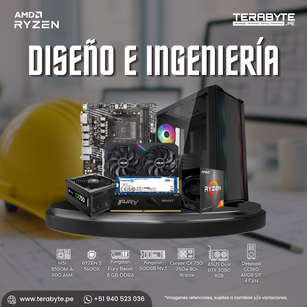 PC Diseño e Ingeniería AMD Ryzen 5 5600X MSI B550M 8GB SSD M.2 500GB RTX 3050 Fuente 750W 80+ Bronze