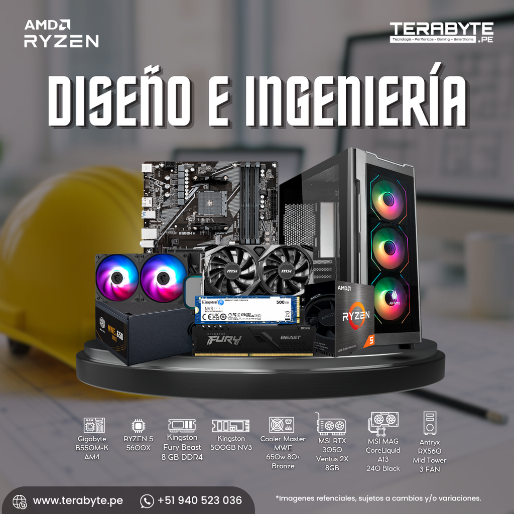 PC Diseño e Ingeniería AMD Ryzen 5 5600X Gigabyte B550M 16GB SSD M.2 500GB RTX 3050 Fuente 650W Bronze RL 240mm