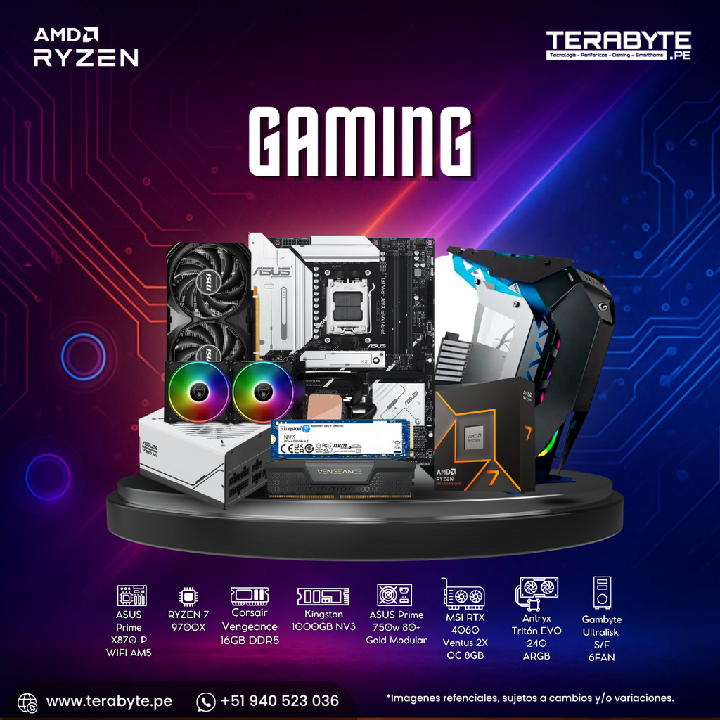 PC Gaming AMD Ryzen 7 9700X ASUS X870-P 16GB SSD M.2 1TB RTX 4060 Fuente 750W Gold RL 240mm