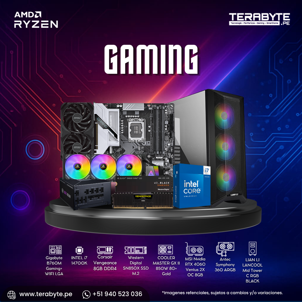 PC Gaming Intel Core i7-14700K Gigabyte B760M 8GB SSD M.2 1TB RTX 4060 Fuente 850W Gold RL 360mm