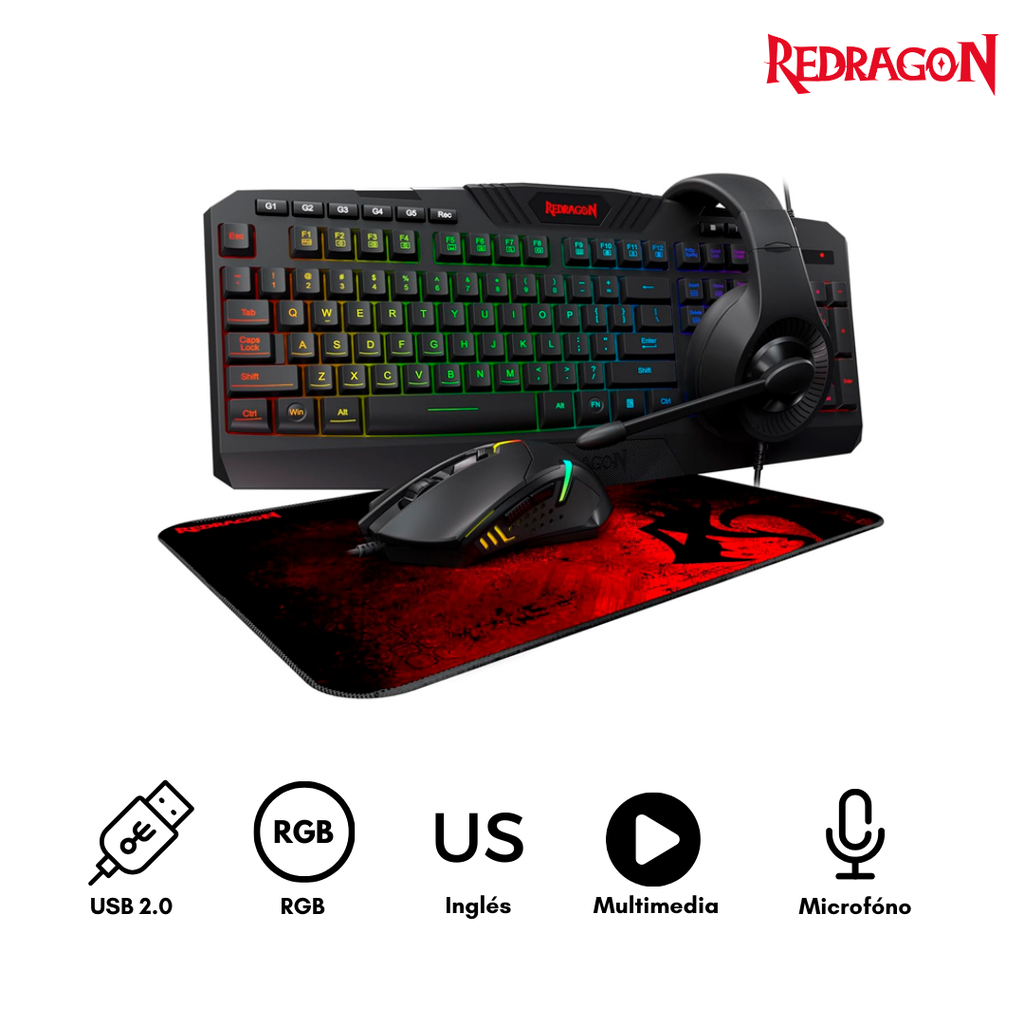 ReDragon Kit Gamer S101-BA Teclado + Mouse + Auriculares + Pad Retroiluminacion RGB USB Negro