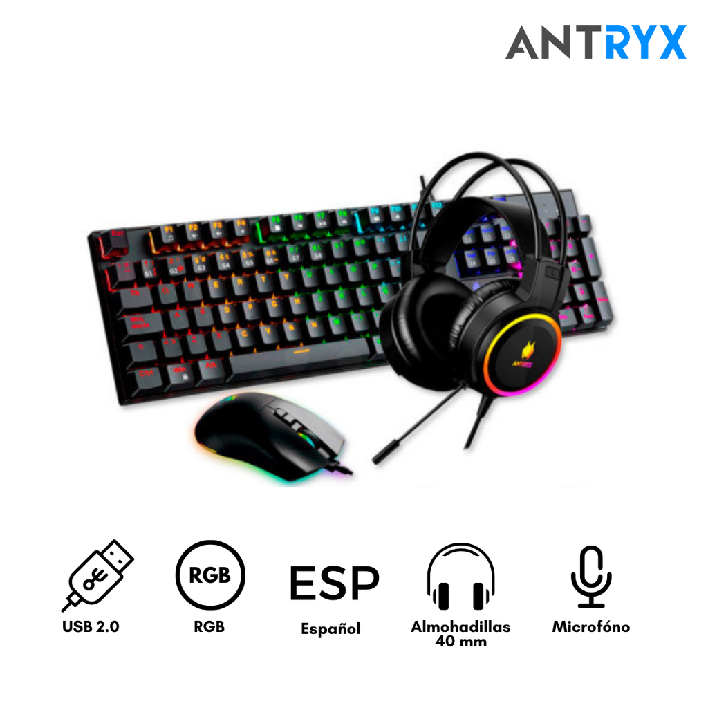 Combo Antryx Teclado Mouse Auricular Gaming GC-3100 X3 SW Blue RGB Negro