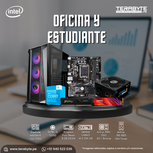 [211156] PC Oficina y Estudiante Intel Core i3-13100 Gigabyte H610M RAM 8GB SSD M.2 256GB Fuente 550W 80+ Bronze