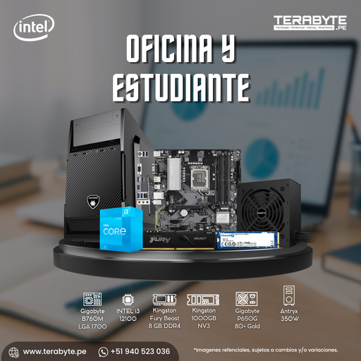 [211157] PC Oficina y Estudiante Intel Core i3-12100 Gigabyte B760M RAM 16GB SSD M.2 1TB Fuente 650W 80+ Gold