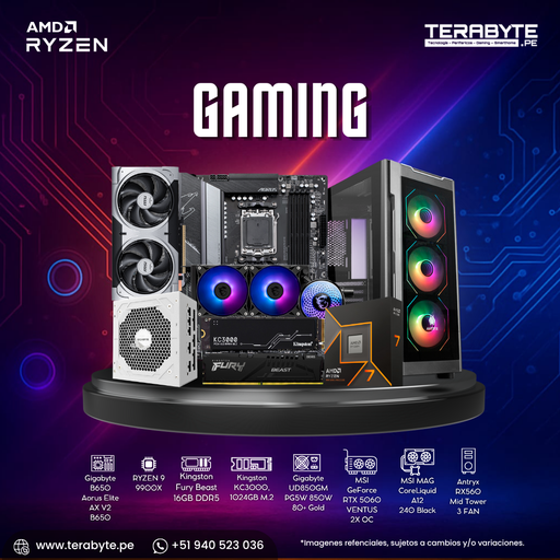 [211170] PC Gaming AMD Ryzen 9 9900X Gigabyte B650 16GB SSD M.2 1TB RTX 5060 Ti Fuente 850W Gold RL 240mm