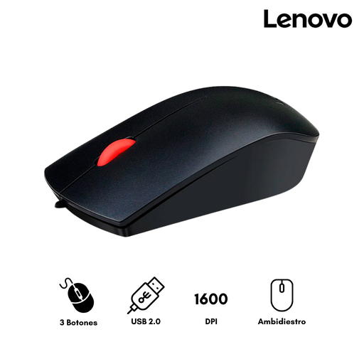 [0138013701] Lenovo Essential Mouse Sensor Optico 1600 DPI USB Ergonomico Ambidiestro Negro