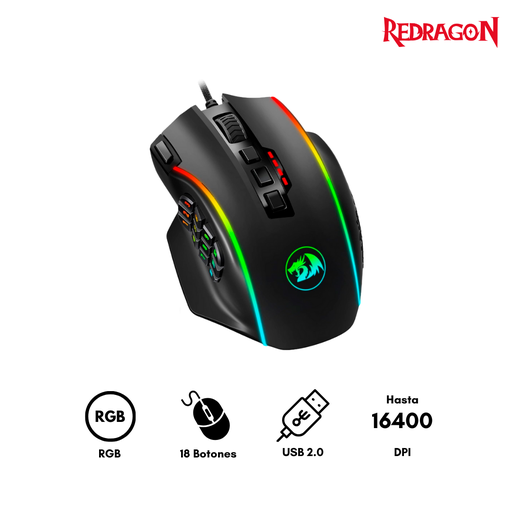 [0148035701] ReDragon M901K Optico Mouse Gamer Ergonomico Interfaz USB Retroiluminación RGB